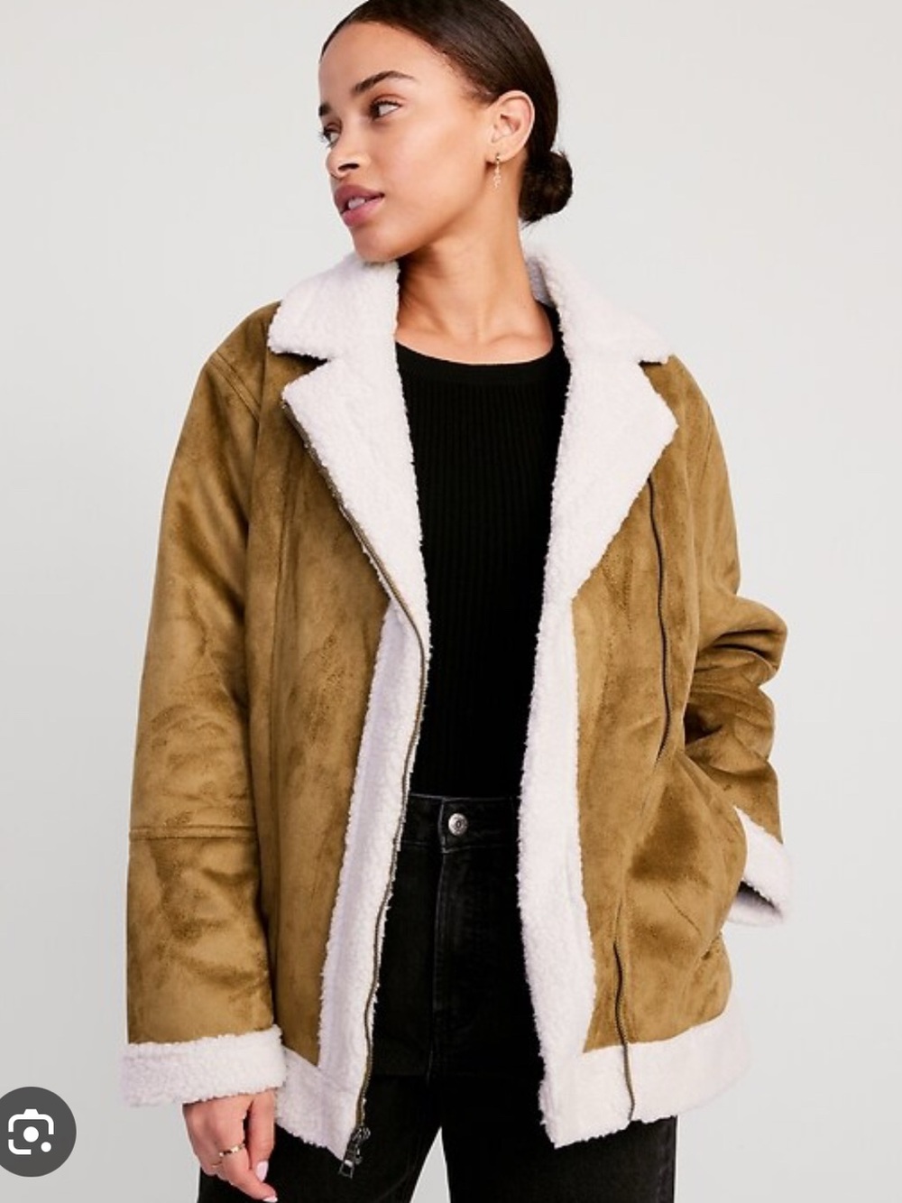 Old Navy women’s Tan Jacket with White Sherpa Trim